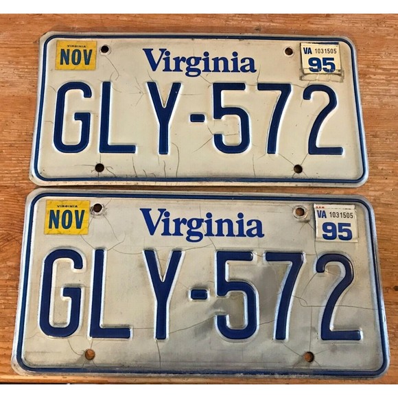 1980s VIRGINIA License Plate Set - GLY-572 matching pair VA plates tags 1995 90s - Picture 1 of 3